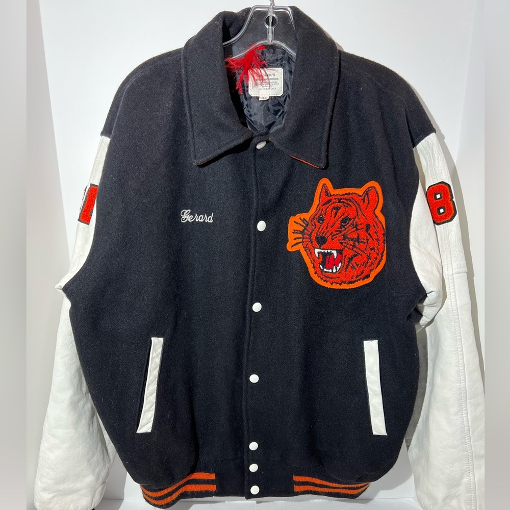 Vintage Black and White Varsity Jacket with Tiger Patch